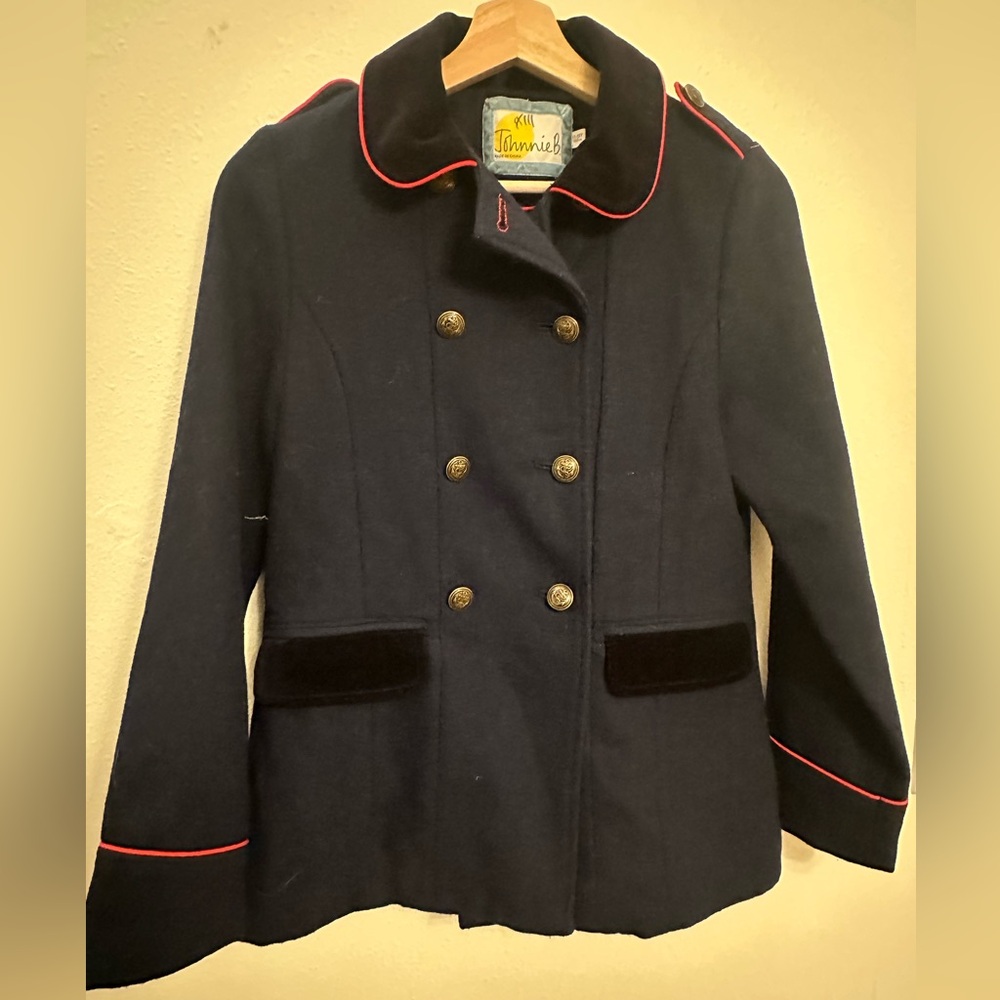 Johnnie B - Boden ages 11-12 wool pea coat navy blue with velvet trim and‎ red